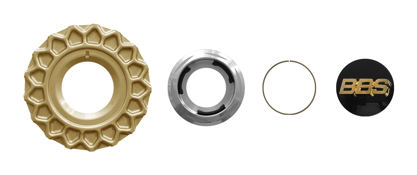 BBS RS Parts: Hex nut, Gold Waffle, Ring and 3D Gold BBS center cap 